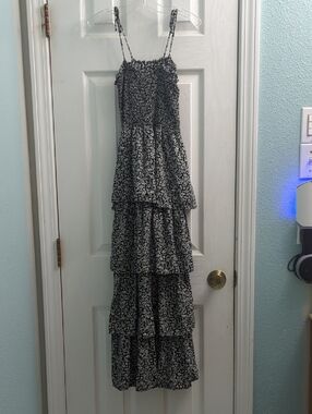Chelsea & Violet Black and White Floral Maxi with Smocked Bodice